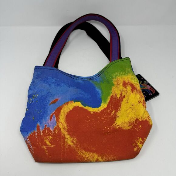 Laurel Burch Rainbow Horses on Black Scoop Tote Bag Canvas With Charm - Picture 6 of 7